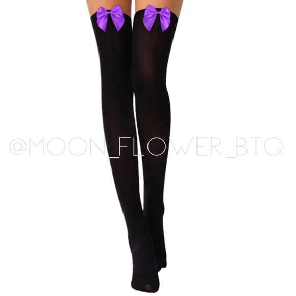MoonFlowerBtq Accessories - Black and Purple Satin Bow Thigh High Stockings